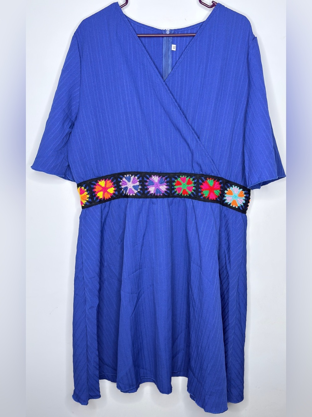 Blue A-Line V-Neck Solid Embroidered Waist 3/4 Bell Sleeve Knee Dress XL